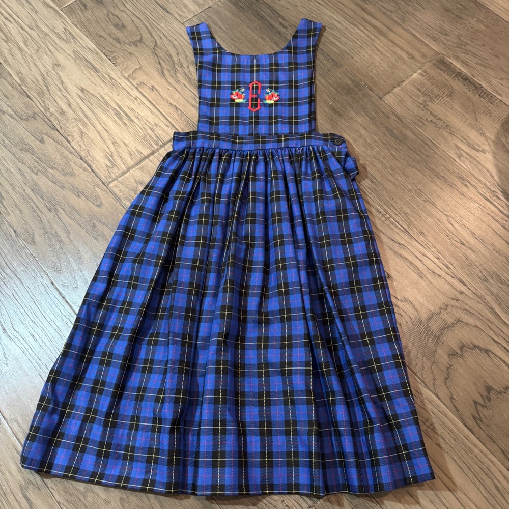 VTG Fast Friends Blue Plaid Embroidered E Pinafore Dress Size 7 Girls‎